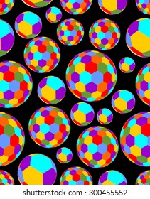 Cheerful colored balls filled of hexagon patterns on a contrasting black background. Seamless vector background.