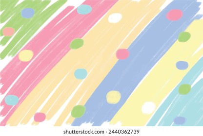 Cheerful colored geometric striped polka dot illustration. Positive festive confetti background made of green, blue, pink, yellow and beige colors. Children's colorful art shading and circles.