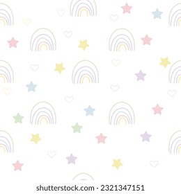 Cheerful colored stars and rainbow, childish seamless pattern in soft pastel colors. Vector