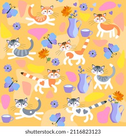 Cheerful colorful background with cute cartoon cats, flowers, butterflies, jugs, cups. Seamless fabric print for kids in vector. Bed linen, clothes, curtain. Chinese New Year. 2023.