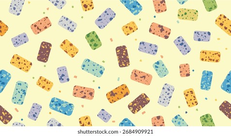 A cheerful and colorful background with scattered rectangular shapes.