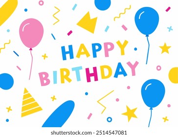 A cheerful and colorful birthday greeting featuring balloons, confetti, and a party hat.  Perfect for adding a touch of festive joy to your designs or social media posts.
