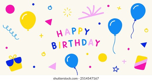 A cheerful and colorful birthday greeting featuring balloons, confetti, and a gift. Perfect for adding a festive touch to your designs, invitations, or social media posts.