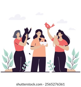 A cheerful, colorful cartoon illustration depicting three happy women as friends. Ideal for projects needing a positive and friendly vibe, suitable for websites, social media, presentations, 