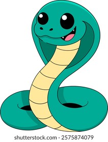 A cheerful and colorful cartoon illustration of a snake with vibrant green scales, representing the Chinese zodiac symbol for the Year of the Snake