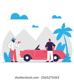 A cheerful, colorful cartoon landscape perfect for travel brochures, websites, or children's books. Depicts a tropical paradise with vibrant colors, 