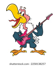 Animación alegre y colorida Vulture toca la guitarra eléctrica. Imagen de color vectorial aislada en blanco. Un alegre músico buitre. Buitre animado canta una canción.