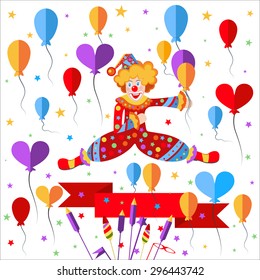 Cheerful, colorful clown with ornaments and clothing balloons in his hand on a white background. Isolated icons holiday decorations ribbons, stars, hearts, ribbon in a flat style. Vector illustration