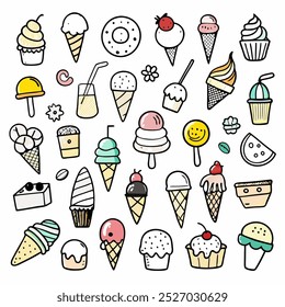 Uma coleção alegre e colorida de cones de sorvete desenhados à mão, cupcakes, picolés e outras delícias de verão. Perfeito para adicionar um toque de diversão e capricho aos seus projetos.