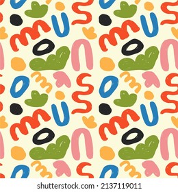 Cheerful colorful doodles, seamless pattern. Creative minimalist art background for kids or trendy design with basic shapes. Flat design, hand drawn, cartoon.