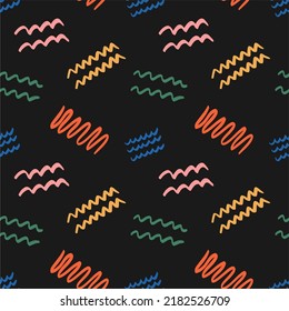 Fröhliche bunte Doodles, nahtloses Muster. Kreative minimalistische Kunsthintergründe für Kinder oder trendige Designs mit einfachen Formen. Flaches Design, handgezeichnet, Cartoon.