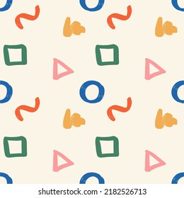 Cheerful colorful doodles, seamless pattern. Creative minimalist art background for kids or trendy design with basic shapes. Flat design, hand drawn, cartoon.
