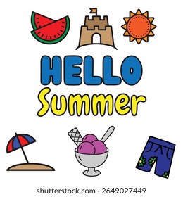 A cheerful and colorful "Hello Summer" graphic featuring a set of cute, hand-drawn doodle icons. The illustration includes classic summer elements: watermelon slices, a sandcastle, a bright sun