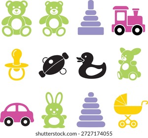 A cheerful, colorful icon set featuring classic baby and kids items in vibrant green, pink, purple, and yellow — including teddy bear, rubber duck, toy car, stroller, pacifier, and more. Perfect for parenting apps, baby shower designs, or children’s products.

