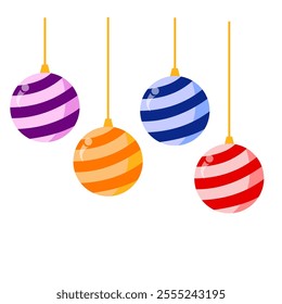 A cheerful and colorful illustration of Christmas ornaments. The image features four baubles in bright purple, orange, blue, and red colors, each with diagonal stripes and shiny highlights.