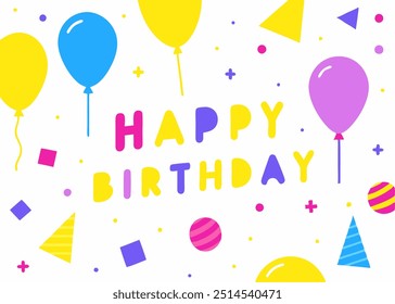 A cheerful and colorful illustration of a happy birthday message with balloons and confetti. Perfect for adding a festive touch to your designs, greeting cards, or social media posts.