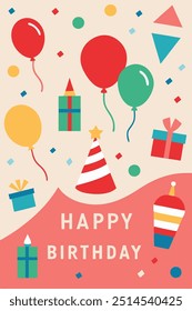 A cheerful and colorful illustration perfect for birthday greetings! Featuring balloons, presents, confetti, and a festive party hat.