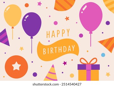 A cheerful and colorful illustration perfect for birthday cards, invitations, or any celebratory project. Featuring balloons, confetti, hats, and a gift.