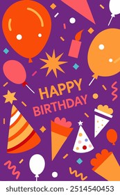 A cheerful and colorful illustration perfect for birthday cards, invitations, and party decorations. It features balloons, confetti, party hats, and the words "Happy Birthday" in a playful font.