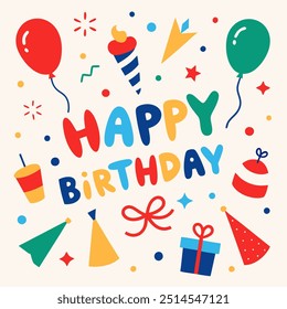 A cheerful and colorful illustration perfect for birthday cards, invitations, or social media posts. It features the words 'Happy Birthday' surrounded by festive elements like balloons, party hats.