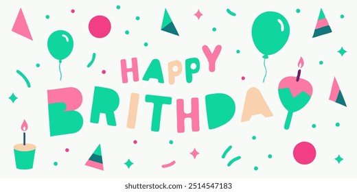 A cheerful and colorful illustration perfect for celebrating birthdays! Featuring a playful 'Happy Birthday' message with balloons, confetti, and candles. Ideal for cards, invitations, social media.