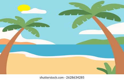 A cheerful and colorful illustration of a tropical beach scene.
