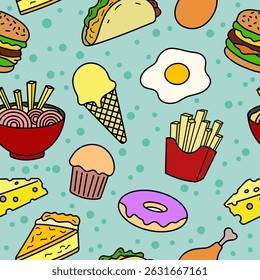 Um padrão alegre e colorido que se rompe com comidas icônicas — definido contra um fundo de azul-petróleo divertido com pontos de polca. Perfeito para produtos para crianças, papel de embalagem e mercadorias divertidas.