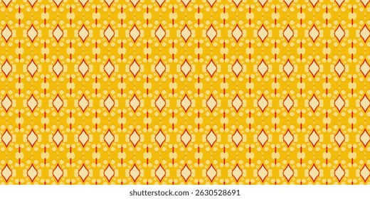 A cheerful and colorful repeating pattern with yellow, red, and cream tones.