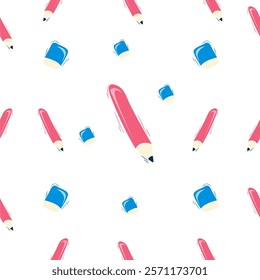 A cheerful and colorful seamless pattern featuring pencils and erasers scattered across a white background.  Pencil and eraser seamless pattern. Seamless pattern background