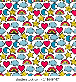 Cheerful, colorful, seamless pattern on a white background. Heart, rainbows, stars, moon, clouds.
