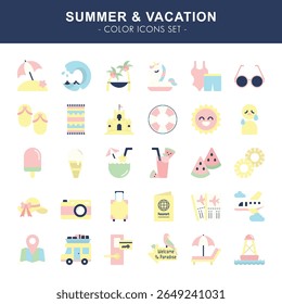 A cheerful and colorful set of 30 icons inspired by summer and vacation themes.