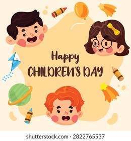 A cheerful and colorful vector illustration designed for Children's Day celebrations. The graphic features three adorable cartoon kid avatars surrounded by playful, imaginative elements including a floating balloon, a kite, colorful crayons, a small planet, and shooting stars. At the center, the festive message 