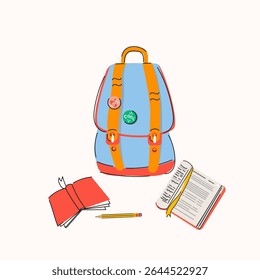 A cheerful and colorful vector illustration of a school backpack with books, pencils, and study supplies. Perfect for back to school designs, student life visuals, educational content,teacher resource
