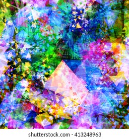 Cheerful colors. Fun.  Transparent triangles & scratches. Abstract seamless background
