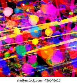 Cheerful colors. Spots, triangles, shapeless stains, stripes,  lines, streaks. Mixed random. Overlap, overlay, transparency. Abstract seamless vector background. For fabric, wrapping paper, printing.