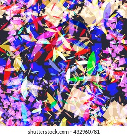 Cheerful colors. Squares and patterns of three petals. Abstract seamless background. For fabric, printing, wrapping paper.