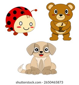 A cheerful combination of a ladybug, a teddy bear, and a puppy cartoon. Perfect for children's visuals, educational media, and cute merchandise designs.