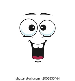 Cheerful comic embarrassed smiley with wide open mouth isolated icon. Vector happy emoticon with broad smile and big eyes. Kind happy emoji with satisfied smile, gesture of happiness and pleasure