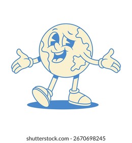 Ilustración plana de Vector contorneado de bienvenida del personaje de dibujos animados de la Tierra del globo cómico alegre. Sonriente divertido lindo planeta global ecología medio ambiente educación minimalista mascota saludo amistoso