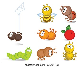 Cheerful comical insects in different poses. Isolated. Icons.