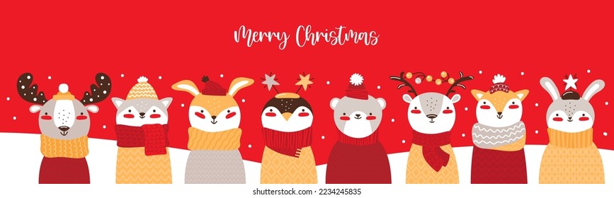 Cheerful company cute baby animals in winter clothes. Cartoon character hare, rabbit, bear, fox, deer, moose, penguin, cat. Merry Christmas horizontal banner or greeting card. Vector flat illustration