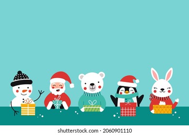 Cheerful company of kids animals and Santa with gifts. Cute vector blank greeting card with place for text