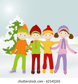 cheerful company of kids standing on a skating rink