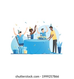 Cheerful company of people in hats celebrate friend's birthday with confetti, fireworks, give gifts in boxes with large bows. Birthday boy blows out candles on cake, pie at party. Congratulation.