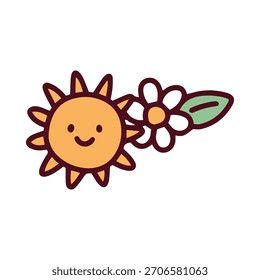 Uma composição alegre com um sol sorridente, uma margarida branca e uma folha verde. Um ícone natural bonito de verão representando felicidade, bom tempo e jardinagem.