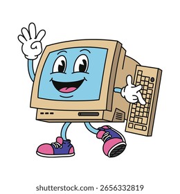 Cheerful computer character holding keyboard cartoon