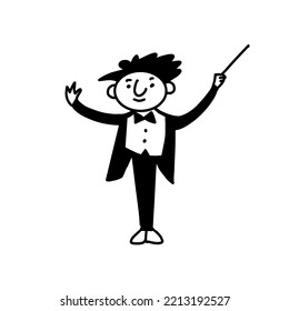 A cheerful conductor in a tailcoat with a bow tie. Vector illustration