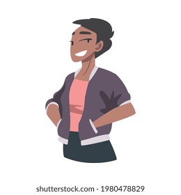 Cheerful Confident Girl Standing with her Hands in Pockets, African American Woman Expressing Positive Emotions, Self Pride, Acceptance, Esteem Vector Illustration