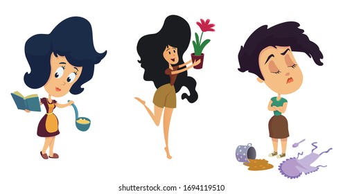 Cheerful and confident housewives with kitchen utensils flat cartoon vector illustrations kit. Women cooking. Ready to use 2d comic character set templates for commercial, animation, printing