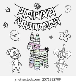 A cheerful congratulatory composition. Vector illustration in the style of a freehand drawing. Flags, pinata, balloons, a little girl in a party hat. To create postcards, invitations.